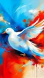 Placeholder: abstract painting of a white dove in bold red, orange, and blue tones, dynamic brush strokes, ocean background hinted through color layers, expressive and elegant modern art, oil paint texture, --ar 4:5 --v 6 --style raw --quality 2