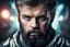 Placeholder: bearded man portrait intense eyes staring at the camera scifi background