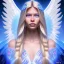 Placeholder: portrait of a beautiful aztecan woman with an angel face smiling,long blond hair, blue eyes, pink and blue dress, jewels, soft light aura