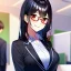 Placeholder: Clear focus, 8k, high quality, detailed, beautiful lighting, girl, vibrant colors, black hair, vibrant red eyes, office clothes, red glasses, smile