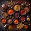 Placeholder: top-down photograph of a gourmet spice kit, small jars and vials filled with colorful spices with cork stoppers in a beautiful ornate lacquered wooden multi-sectional container, stunning advertising photograph, cinematic lighting, moody atmosphere, ornamental stones and wooden knick-knacks, autumn atmosphere, wiccan, oak leaves, wheat stem