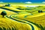 Placeholder: illustrated kansas landscape, winding road, rolling hills of wheat and oil tanks in background, blue and gold