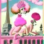 Placeholder: Vintage drawn illustration of a pink pink poodle with roses wearing a beret and smoking a cigarette on the rooftop of the Louvre, french illustration, storybook illustration, aubrey Beardsely, art deco motifs, highly detailed, color pencils, soft, vogue, french cartoon, editorial drawing,