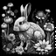 Placeholder: colorless rabbit between seeds and big flowers black background .black and white colors. for a coloring. with grayscale