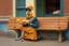 Placeholder: Half parrot half human in a 1700s Orange Dutch uniform siting on a bench in a Dutch city eating a loaf of bread