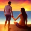 Placeholder: 2 lovers watching the sunset sitting in the sand on a sand island