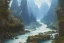 Placeholder: mountain river flows through a fantasy landscape gorge. a big blue lake in the middle of the mountains. fabulous nature, amazing seascape, highly detailed, digital painting, artstation, concept art, smooth, sharp focus, illustration, art by greg rutkowski and alphonse mucha