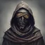 Placeholder: A former empereor clad in rags and a hood a blindfold over his eyes, in lovecraftion art style