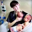 Placeholder: Russian tomboy boyish boylike short man's haircut boyish features in black girlish nightgown in hospital with newborn baby