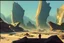 Placeholder: Sunny day, people near the, rocks seeing a distant modern city, sci-fi