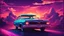 Placeholder: Retro wave, synth wave, with neon light, sunset, clouds, chevrolet coupe de ville 1966, full car from the back, driving, f