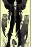 Placeholder: Black haired, owl-man, Skinny, warlock, with black wings, and owl legs, in the style of Harry Clarke