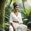 Placeholder: an opulent Indian woman with a bun, her welcoming smile beckoning me closer. She's dressed in a white crop top and billowy pants, both in a pristine white hue that contrasts beautifully against the lush greenery of the jungle. Leaning against a tree at the edge of the jungle