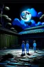 Placeholder: THE MOON HIDDEN SHADOWY FIGURES in old abandoned theme park meeting big brother STYLE OF HIROKU OGAI