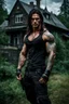 Placeholder: Handsome muscular alpha male, 30 years old, Dark eyes, Long brown hair, bare chest covered in tattoos and scars. wearing black combat trousers and heavy boots, hyperrealistic, 4k, dark fantasy, large house in the background