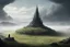 Placeholder: A barren but grassy place, with a large hill in the center. At the top of the hill stands a massive black circular tower, approximately 100 meters tall, its peak shrouded in clouds, in a hyper-realistic fantasy art style