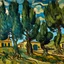 Placeholder: A bourg with olive trees in daytime painted by Vincent van Gogh