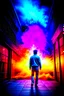 Placeholder: Young man walking away from a building that is exploding at night, with coloured auras all around him