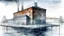 Placeholder: watercolor painting, River power plant in winter, glass blocks surrounded by frost, casting soft, cold light patterns on the walls, while showcasing its historical industrial architecture against a gray sky., studio lighting, copy background, professional grading, advertising, creative, detailed brush stroke, minimal spalsh