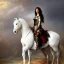 Placeholder: beautiful woman in armor sitting on white stallion horse, 1800s, chiaroscuro lighting , ultra-detailed, 8k UHD, matte painting, illustration, renaissance, artwork, high-quality, intricate detail, rocco, greg rutowski, howard lyon, alphonse mucha