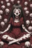 Placeholder: Petit weird woman with many eyes, sit pose, fullbody, screaming, tears, Junji Ito style, darkred tones,