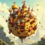 Placeholder: Cartoon whimsical fantasy honeycomb kingdom with many buildings and hives floating in the sky in a large sphere