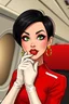 Placeholder: high quality cartoon style image of very feminine, black haired 50 year old sexy Belgian stewardess in well fitting red uniform with short pixie cut and strong, seductive makeup, smoky green eyes, shiny white leather gloves, big thick pouty, bright red lips and large golden earrings who resembles Walthery's Natacha