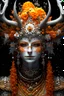 Placeholder: Woman humanoid reindeer queen portrait with extremely textured skin and Golden dust white floral crown and fur, adorned with white and light ginger berry colour snowy leaves and snow flblack. Orchid with small seapearls ornate crystal lace, wearing pearl black lace effect Halloween costume and masque Organik bio spinal ribbed detail of snowy orange candle athmoshpheric full. Ornate floral background white spider web and a pumpkin around extremely detailed hyperrealistic maximálist concept ar