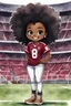 Placeholder: A sassy thick-lined watercolor cartoon image of a black chibi girl standing in front of a football stadium. She is wearing a University of South Carolina football jersey with tight white jeans and timberland boots. behind her curvy body. Looking up coyly, she grins widely, showing sharp teeth. Her poofy hair forms a mane framing her confident, regal expression. Prominent maekup with hazel eyes. Hair is highly detailed.