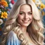 Placeholder: (best quality, 4k, 8k, highres, masterpiece:1.2), ultra-detailed, (realistic, photorealistic, photo-realistic:1.37),hyper realistic, gorgeous smiling 1woman,long hair,looking at viewer,realistic proportions,blue eyes,hair ornament,dress,very long hair,flower, blonde hair,parted lips,necklace,white dress,orange hair,lips,blurry background,freckles,realistic,head wreath,orange flower,realistic portrait