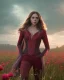 Placeholder: Feiticeira escarlate, Elizabeth Olsen, feiticeira, magia, rosto detalhado belo, bonita, cenário em um campo de flores, cinematográfico, dramático, por do sol, campo de flores, cores frias