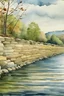 Placeholder: A bank of the lake stone wall - long view - water color illustration