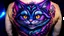 Placeholder: An amazing dark psytrance art tattoo of the Cheshire Cat from Twisted Alice in Wonderland on a human back, on a dark background under UV light, vivid and vibrant neon tattoo ink, detailed, intricate, high contrast.