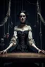 Placeholder: A dramatic digital mage of a woman seated on a table,facing to the front ,she is connected to string like a puppet, arms in air, moved by the strings, puppet like features in the face, beautiful face, behind her also facing the front is the puppet master,is a huge image of a man holding the strings, creepy gothic character,.zoomed in, dark and shadowy background with selective lighting on the woman, gothic and chaotic