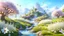 Placeholder: fairy landscape with trees full of white flowers, hills, streams, butterflies, birds, meadows and sparkly flowers, crystals bushes made of flowers and diamonds,background glitter colors, 4k, unreal engine 5, cinema 4d, HDR, dust effect, vivid colors