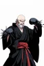 Placeholder: 1man, elderly, bald, narrow eyes, bushy grey beard, black kimono, tall height, japanese clothes, black steel spiked armored gauntlets, boxing pose, in the style of manga "Bleach"