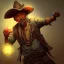 Placeholder: Insanely detailed photograph of an “ a mustachioed cowboy warrior "with worn Sombrero, handsome charo,cigar,glowing D20 in outstretched hand, hyperdetailed painting by Ismail Inceoglu Huang Guangjian and Dan Witz CGSociety ZBrush Central fantasy art album cover art,8K, hdr, mysterious, flickeringlights ,Stoic