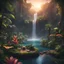 Placeholder: an epic extremely detailed of a rain forest island landscape with exotic trees, waterfall, pond, cliffs, sunset background, sharp focus, high contrast, dark tone, bright vibrant colors, cinematic masterpiece, shallow depth of field, bokeh, sparks, glitter, 16k resolution, photorealistic, intricate details, dramatic natural lighting