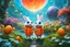Placeholder: easter holidays, pixar art style of cute pixie smiling bunny with large eyes, little chicken, full body, fresh orange puffer jacket, a colorful intricate HEART shaped planet similar to deathstar in a brig ażht nebula backdrop, by mobeius, large eastern eggs, in the garden of Eden, stylized vegetation, turquoise water ground-level view, foggy atmosphere, hyper detailed, digital art, trending in artstation, cinematic lighting, unreal engine 5 rendered, octane rendered