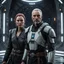 Placeholder: a bold and heroic bald male Corellian pilot in black and grey First Order special forces gear meets a female Jedi Master in ancient, mystical temple, hyperdetailed, dynamic lighting, hyperdetailed background, 8k resolution, volumetric lighting, light skin, fully symmetric details