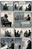 Placeholder: a page divided into 6 rectangular panels, each with different views of a man strapped to a chair and being interrogated by a man standing with a gas mask on, lower and higher perspectives, front and back, overhead light, suspenseful torture graphic novel, comic book