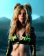 Placeholder: portrait, Shakira, blonde artist, angry, Realistic image, MMA robe, hoodie, mma gloves, loose long hair, eyes make up, gold line make up, moisture, sweat, fog, Neon colors, leds. Dark background, photo studio, concept art, smooth, unreal engine 5, god lights, ray tracing, RTX, lumen lighting, ultra detail, volumetric lighting, 3d, finely drawn, high definition, 4k.