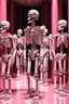 Placeholder: ‘Pink and White Metal Skeleton Army' depicts two columns of Identical Pink and White metal Skeleton Soldiers Marching in Lockstep toward the viewer; Klimt