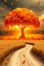 Placeholder: a nuclear explosion mushroom cloud that looks like a autumn tree full of leaves, leaves falling everywhere. bottom 2/3 is a curved dirt road through a wheat field