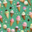 Placeholder: Ice cream, cones and sprinkles on a green background
