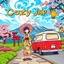 Placeholder: Create a book cover for Cozy Japan Coloring Book featuring a joyful Japanese girl in a brightly patterned yukata, standing beside a retro travel van during a scenic road trip. She holds a colorful paper parasol, her hair adorned with blooming sakura flowers. The backdrop includes a vibrant view of Mount Fuji under a brilliant blue sky, with swirling clouds, pink cherry blossoms, and fields of green tea bushes. Red torii gates line the path, and glowing lanterns hang from trees, casting golden li