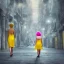 Placeholder: Beautiful lonely girl who walks along a street without people at dawn. You see her from behind. She wears a very short yellow dress. She has short pink hair with glowing crystals. Full body, 8k resolution concept art. Professional Photo HD. Stylish. Warm vivid colors. Panoramic