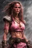 Placeholder: Amy Jo Johnson as pink Rangers power rangers , Very muscular woman with long dreadlocks and tribal tattoos in barbarian clothes with bronze axe in abandoned village, realistic face, close-up, brutal, dark fantasy, smoke in the sky, lightnings, rain, intricate details, hyper detailed, Jean Baptiste Monge, Carne Griffiths, Michael Garmash, seb mckinnon ,