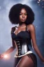 Placeholder: A portrait of a beautiful youthful black woman, wearing a corset, long silky black hair in ponytail, wizard, magical, ethereal, soft bright lighting. Concept art by wlop. Ultra quality 8k. Fantasy setting.