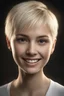 Placeholder: Chiaroscuro lighting, deep shadows, rich deep colors, facial portraits, 8K Ultra-HD, Hyper Realistic, Photorealistic, Realistic, focused, Clear, Extremely Detailed, beautiful, Cinematic, proportionate, full color, headshot image of a smiling young woman with short, pixie-cut bleach-blonde hair, tapered on the sides, wearing a pair of blue round lensed glasses, and a pink and blue button t-shirt, big happy smile, a foggy, cloudy blue background